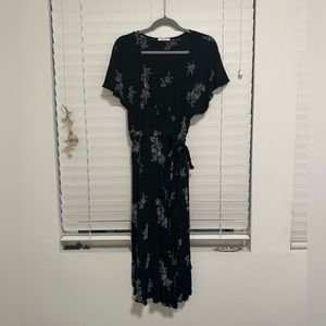 MOD REF Flutter Sleeve Black Embroidered Floral Pattern Wrap Midi Dress